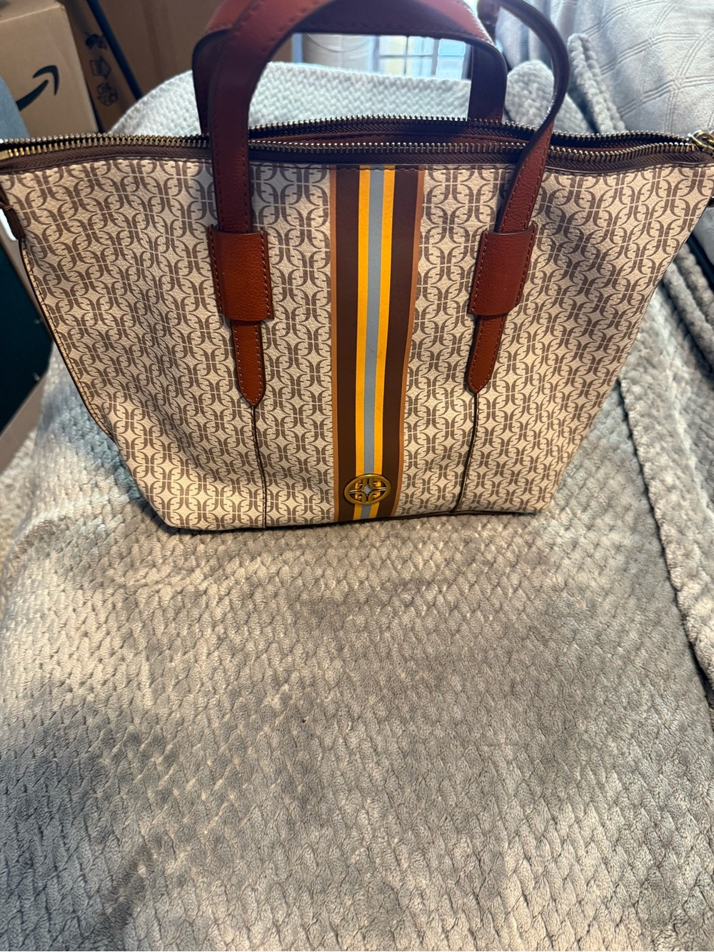 Fossil Beige Monogram Tote with Brown Handles and Yellow-Strip Accents